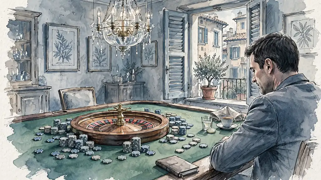 Ruota della roulette e fiches su tavolo verde in un salotto italiano
