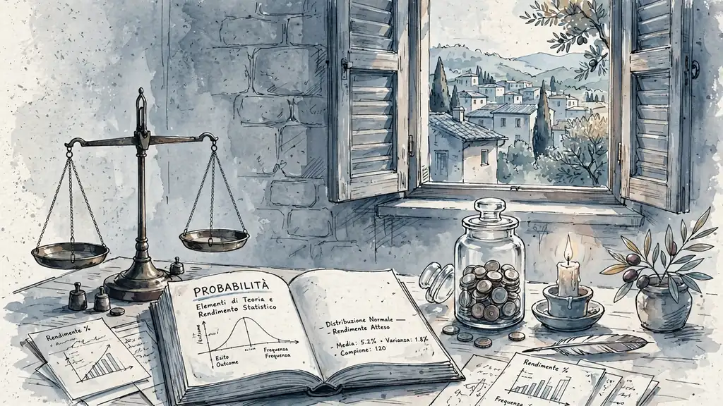 Studio con libro di probabilità, candela e barattolo di monete